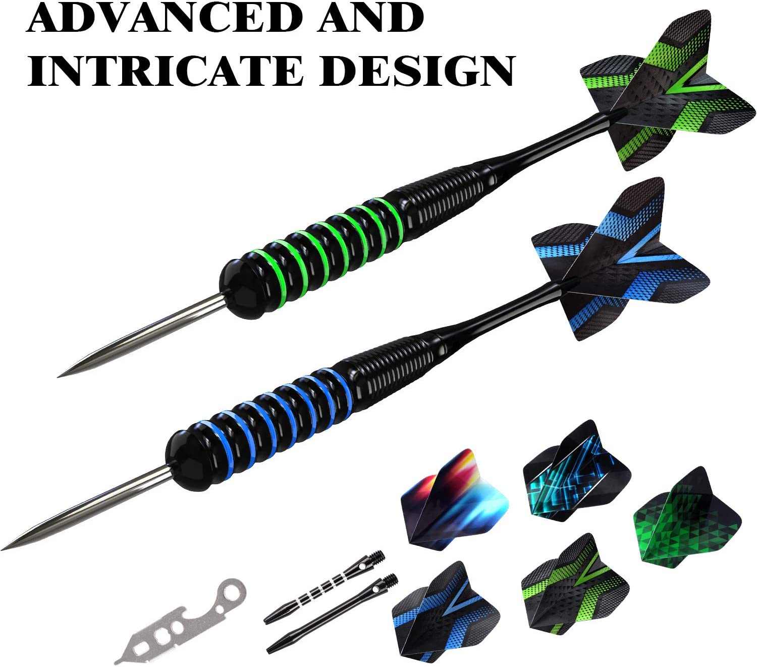 Grebarley 12pcs Steel Tip Darts Set 20/22g Metal Dart Set including Extra 9 Flights and 3 Shafts, blue and green - Image 2