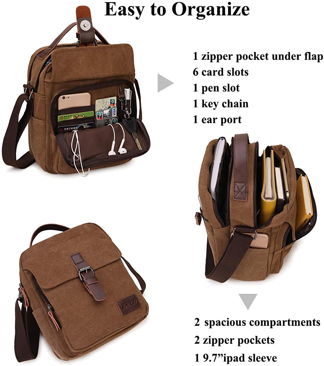 RAVUO Small Messenger Bag,Unisex Casual Canvas Satchel Vegan Leather Shoulder Bag Crossbody Wallet Phone Bag for Men and Women Coffee, s, Coffee - Image 4