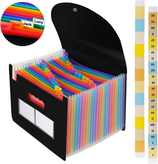 Expanding File Folder - ABC Life 24 Pockets Portable Rainbow A4 File Organiser Self Standing Accordion Document Wallet Business Filing Box High Capacity Storage Bag for Home & Office & School …