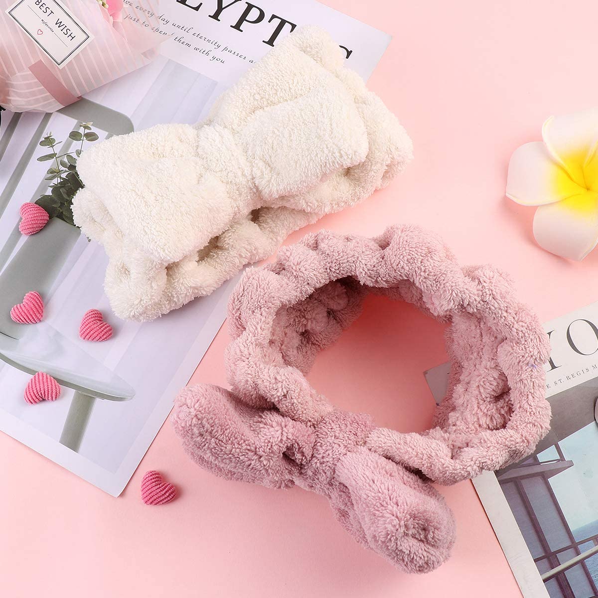 Frcolor Bowknot Hair Bands Elastic Coral Plush Make-up Face Wash Shower Headband for Women Girl 3Pcs (Blue Pink White) - Image 3