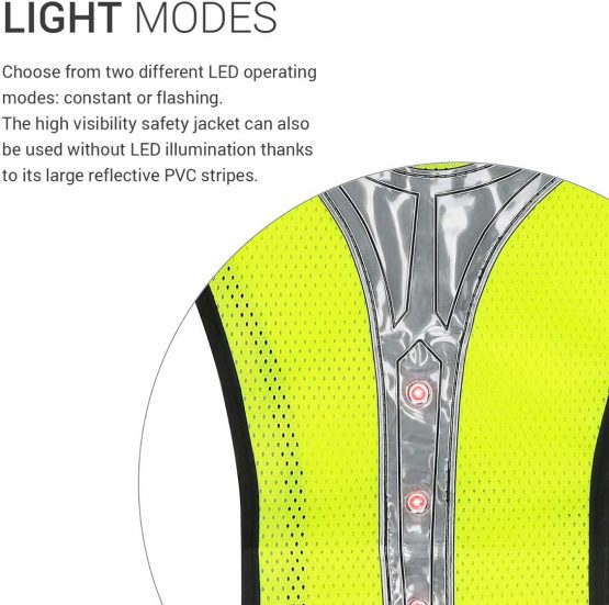 kwmobile Reflective LED Safety Vest - High Visibility Warning Vest with 3 LED Lights and Reflector Stripes for Running, Jogging, Cycling at Night - Image 4