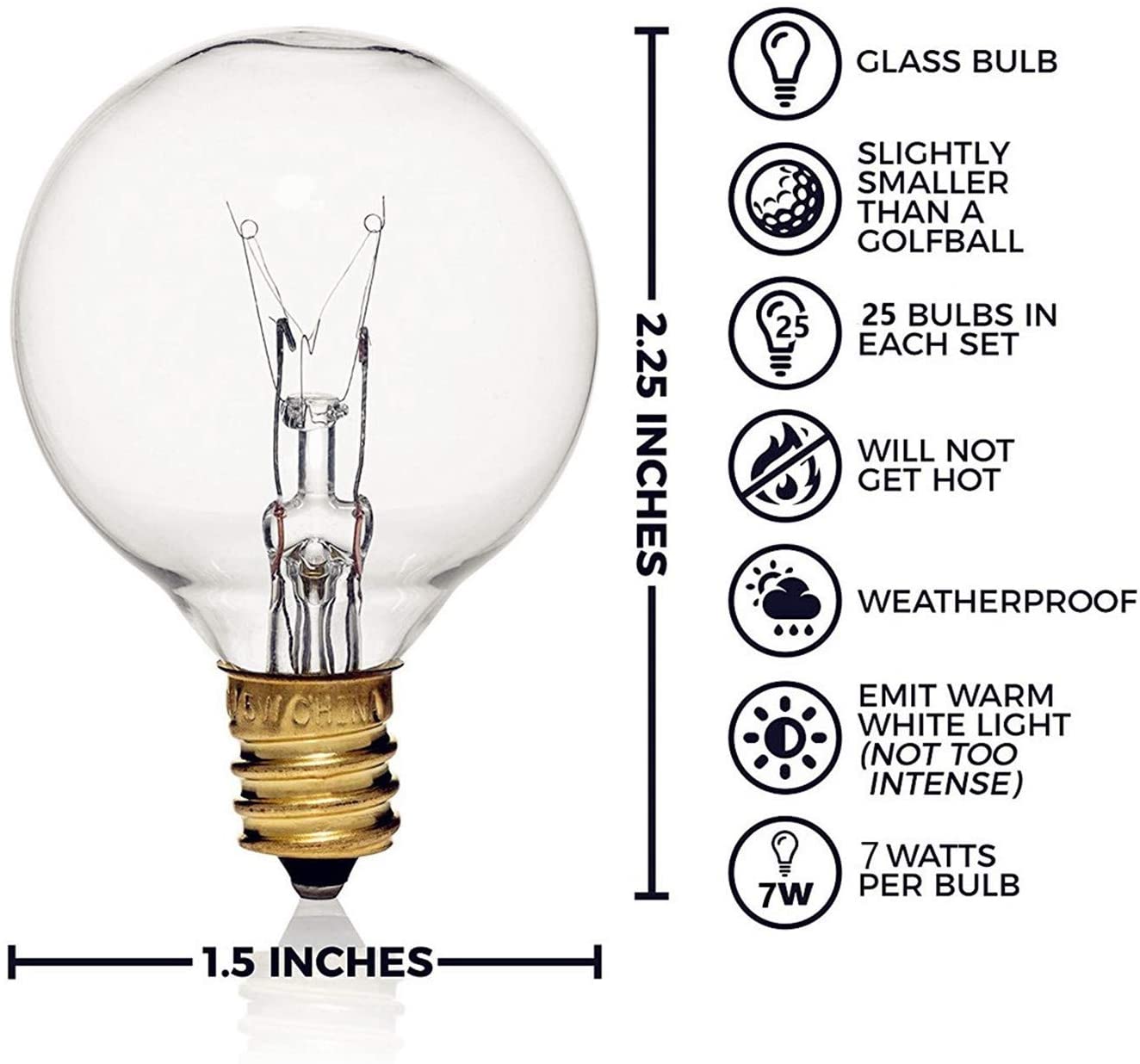 25 Pack G40 Incandescent Replacement Light Bulbs: 7 Watt G40 Globe Bulbs for Outdoor Chritsmas String Lights C7/E12 Candelabra Screw Base Salt Lamp Night Lights Bulbs - Image 3