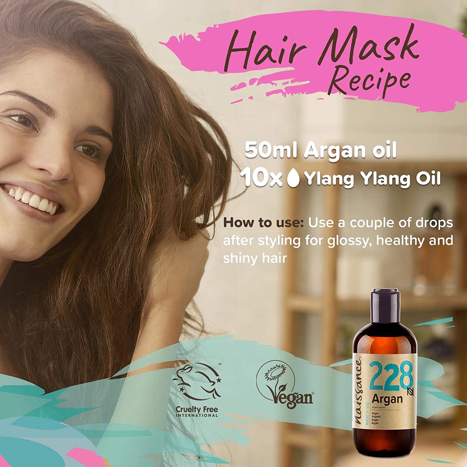 Naissance Argan Oil (No. 228) 225ml, Natural Growth Hair Mask, Anti-Ageing, Antioxidant, Moisturiser for Face Skin - Image 3