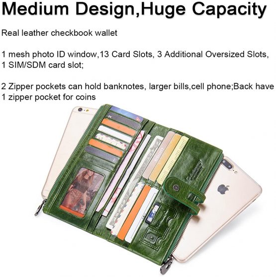 Contacts Women Real Leather ID Card Coin Phone Holder Zipper Clutch Purse Wallet (Green)(Size: One Size) - Image 2