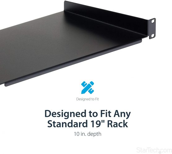 StarTech 1U Fixed Server Rack Mount Shelf - 10in Deep Steel Universal Cantilever Tray for 19" AV/ Network Equipment Rack - Heavy Duty Steel - Weight Capacity 44lbs/20kg, Black (CABSHELF1U10) - Image 4
