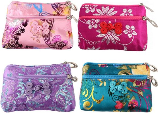 kilofly 4pc Chinese Silk Brocade 2 Zipper Purse Jewelry Pouch Bag Value Set