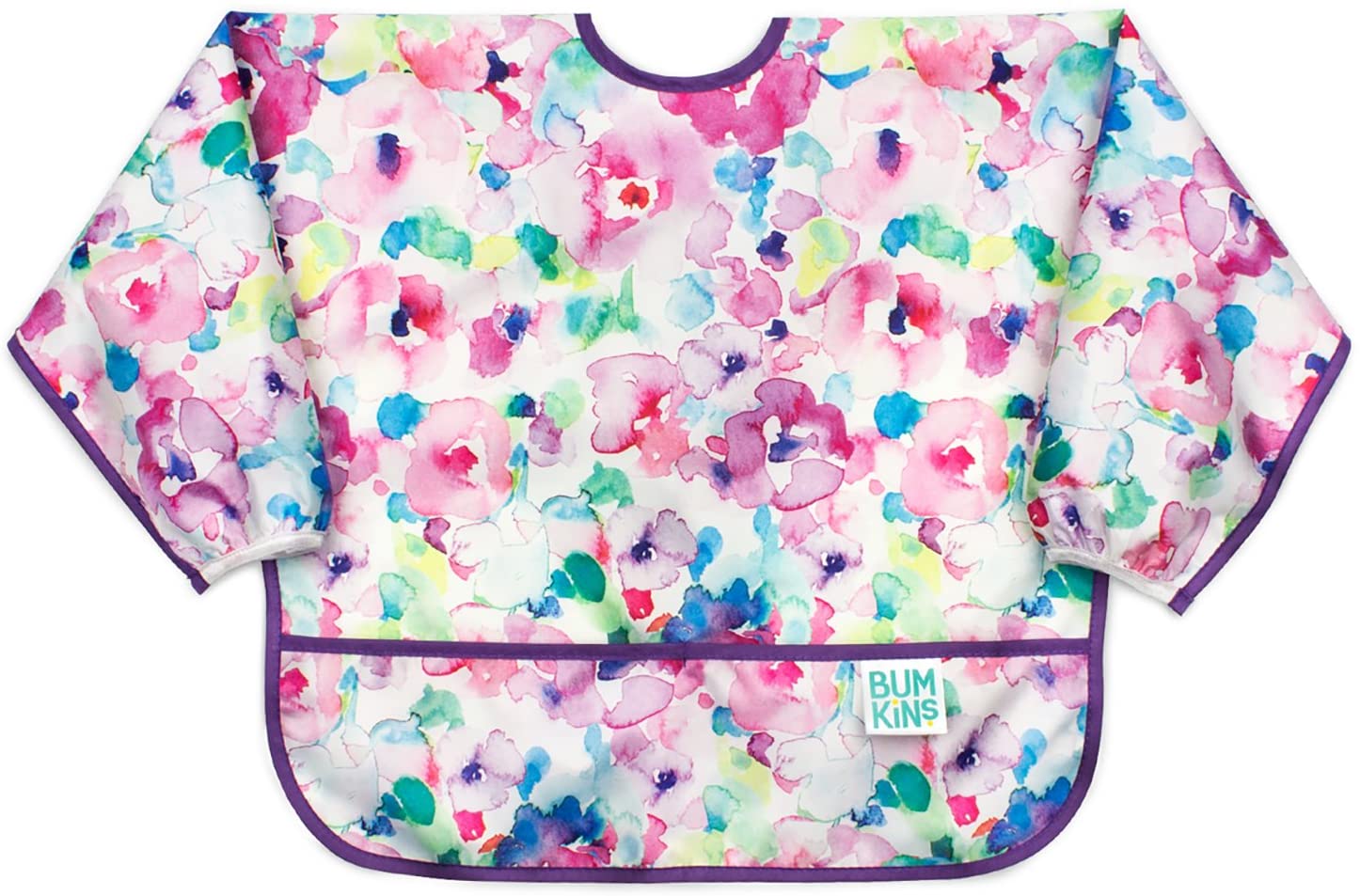 Bumkins Sleeved Bib, Handy Tie Closure for Custom Fit Catch-All Pocket, Baby-Led Weaning, Waterproof, Machine Washable