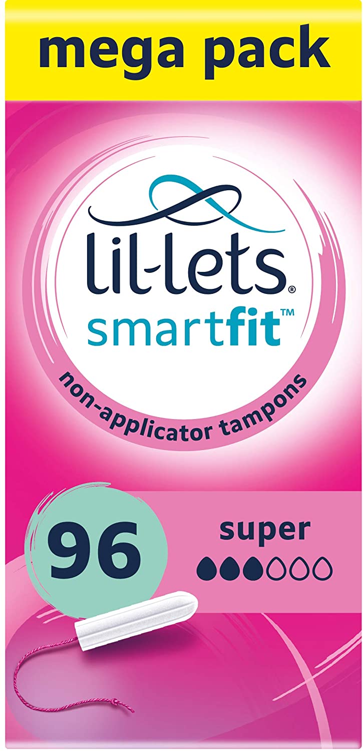 Lil-Lets Non-Applicator Super Tampons X 96, (6 Packs of 16 Tampons), for Medium to Heavy Flow 3 Droplets, Plant-Based