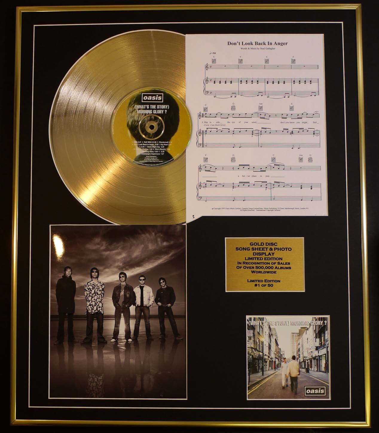 OASIS/CD GOLD DISC, SONG SHEET & PHOTO DISPLAY/LTD. EDITION/COA/ALBUM, (WHATS THE STORY) MORNING GLORY /SONG SHEET