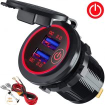 Quick Charge 3.0 USB Car Charger Socket 12V/24V 36W Dual QC3.0 USB Fast Charger Socket Power Outlet with LED Voltmeter for Marine, Boat, Motorcycle, Truck, Golf Cart (Red)