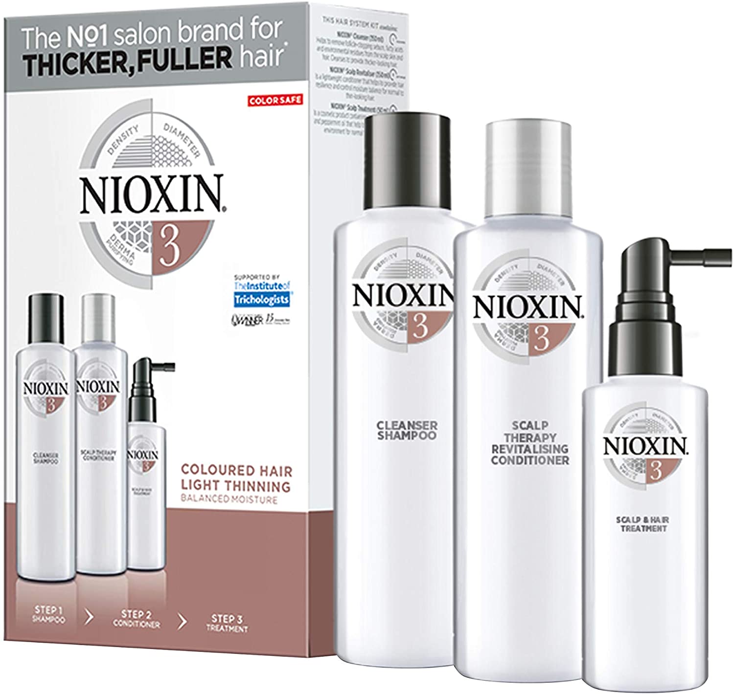 Nioxin 3-Part System, System 3 Coloured Hair with Light Thinning, Hair Thickening Treatment, Scalp Therapy, Loyalty Kit
