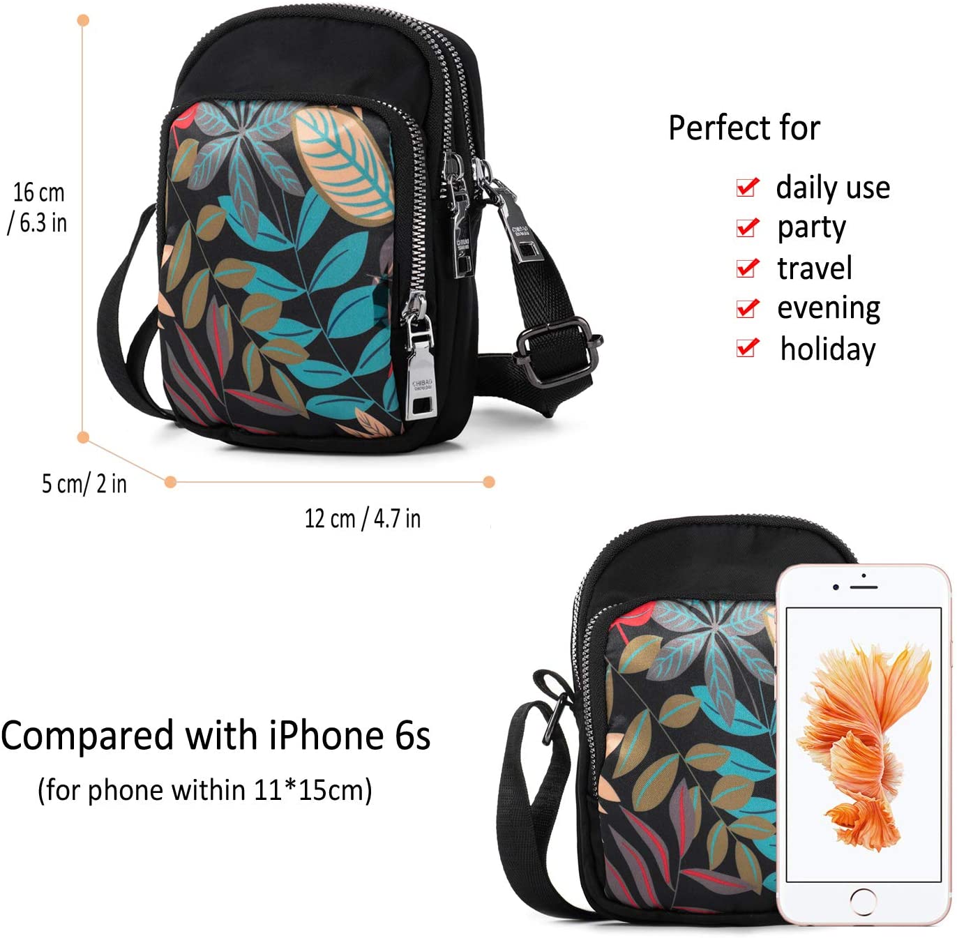LaRechor Small Crossbody Phone Bags for Women Mobile Phone Pouch, Mini Shoulder Bag, Long Strap, 3 Zippers, Black with Leaves Pattern - Image 3