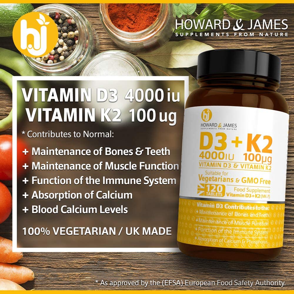 HOWARD & JAMES Vitamin D3 4000iu Plus Vitamin K2 100ug 120 High Strength Vegetarian Tablets, 120 count (Pack of 1) - Image 2