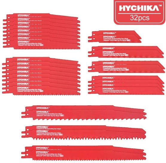 32 PCS Reciprocating Saw Blades, HYCHIKA Sabre Saw Blades, 10 PCS for Metal Cutting, 22 PCS for Wood Cutting, with Organizer Case