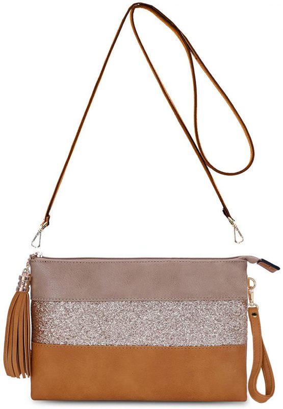 CRAZYCHIC - Women's Glitter Clutch Bag - Ladies Messenger Strass Crossbody Bag Soft PU Faux Leather Tassel - Multicolor Stripe Pochette - Shoulder Small Fashion Handbag Purse Bag - Coffee