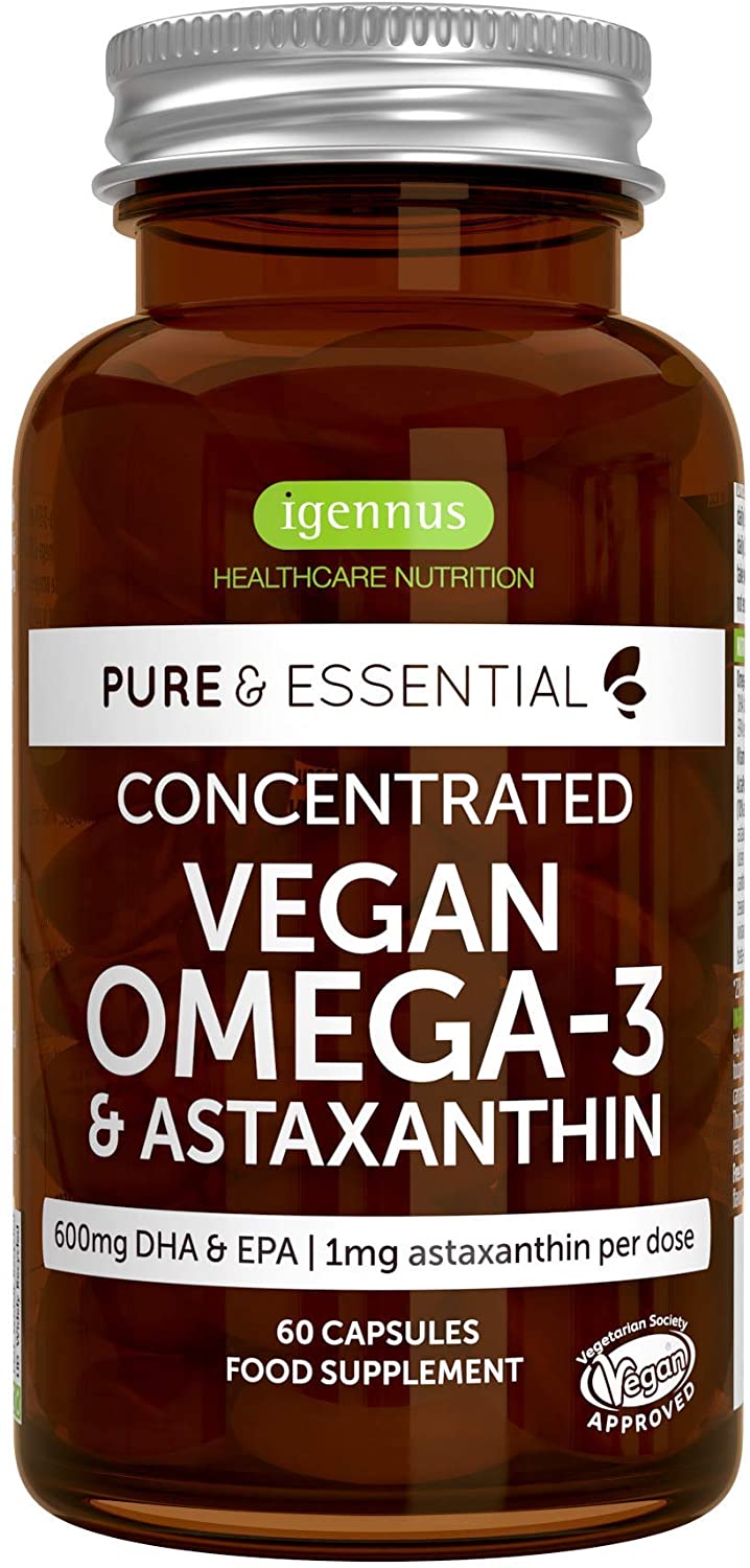 Igennus Vegan DHA & EPA Omega 3 1344mg Algae Oil & Astaxanthin Antioxidant, Lab Tested Pure & Sustainable, 60 Small Softgels