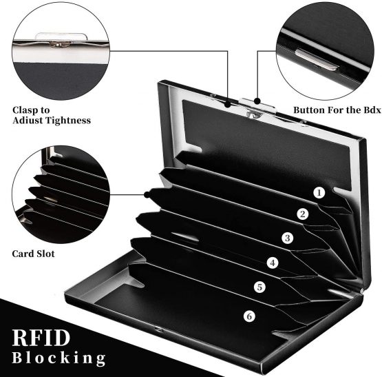 Credit Card Holders, RFID Blocking Wallet Stainless Steel Slim Security Card Protector with 6 PVC Slots for Women or Men (Black) - Image 2