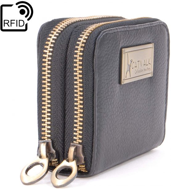 CATWALK COLLECTION HANDBAGS - ISLA - Ladies Small Organiser Zip Purse with Gift Box - Leather RFID Protection - Credit Card Wallet with Coin Compartment - Black - Image 4