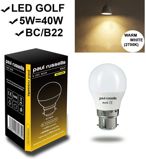 2 Pack 5Watt Golf Ball LED Light Bulbs B22 / BC/Bayonet Cap Paul Russells Bright 5W=40W G45 Small Globe 270 Beam Lamp Warm White Light 2700K 40W Incandescent Bulbs Equivalent - Image 2