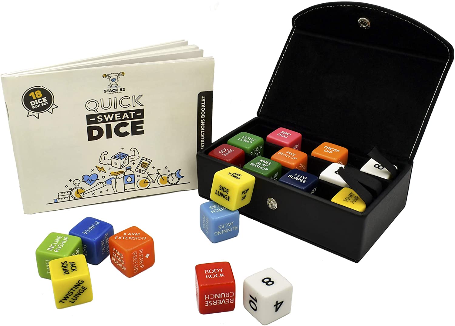 Stack 52 Quick Sweat Fitness Dice. Bodyweight Exercise Workout Game. Designed by a Military Fitness Expert. Video Instructions Included. No Equipment Needed. Burn Fat Build Muscle. (2019 Box Set)