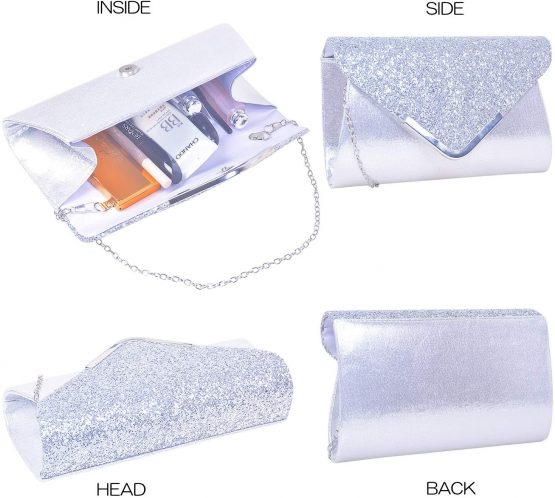 Larcenciel Women Clutch Bag Elegant Sequins Evening Clutch Purse Chain Shoulder Bags Sparkly Silver Evening Bridal Prom Party Handbag Purse - Image 4