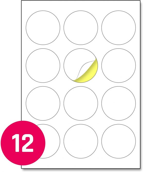 12 per Sheet, 25 Sheets, 60mm A4 Round White Sticker Paper Circle Labels, Laser/Inkjet Printing