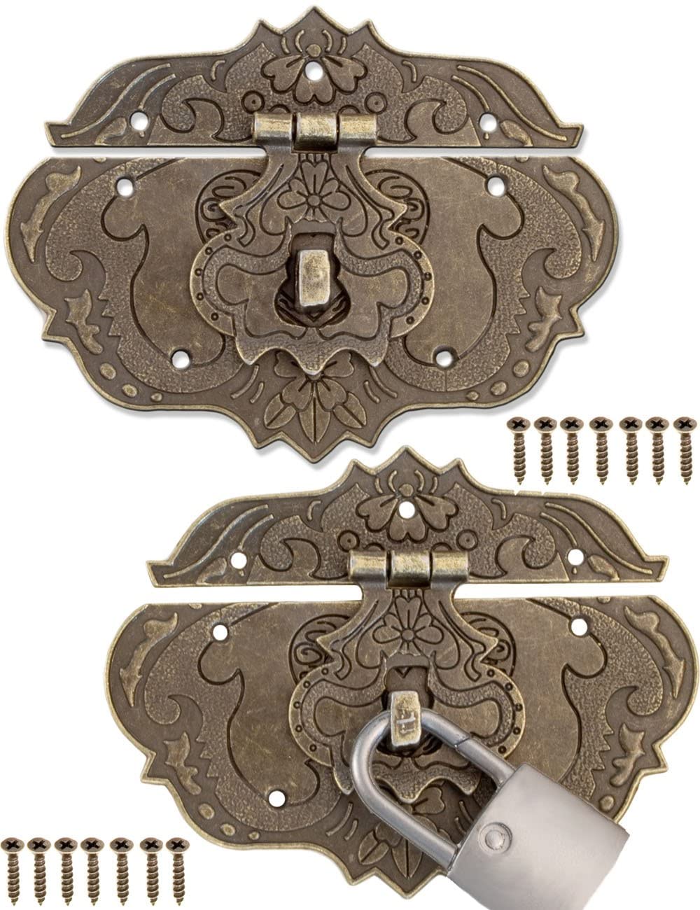 FUXXER® - 2 x antique clasps, bronze iron design, furniture clasps, fittings for padlock locks on chests boxes slider, 75 x 58 mm including screws, set of 2