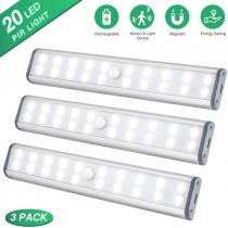 Motion Sensor Cupboard Light, Wireless USB Rechargeable Under Cabinet Lighting LED Closet Light, Magnetic Under Counter Lights Kitchen with 20 LED, LED Night Light for Wardrobe, Cabinet, Stairs(White)