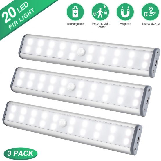 Motion Sensor Cupboard Light, Wireless USB Rechargeable Under Cabinet Lighting LED Closet Light, Magnetic Under Counter Lights Kitchen with 20 LED, LED Night Light for Wardrobe, Cabinet, Stairs(White)