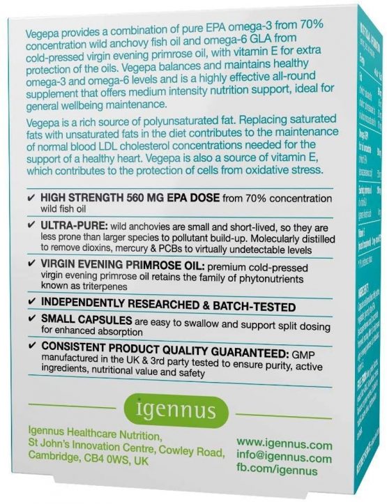 Vegepa Omega-3-6 Essential Fatty Acids, Wild Fish Oil & Evening Primrose Oil, 560mg EPA Omega-3 per Serving, 60 Capsules - Image 2