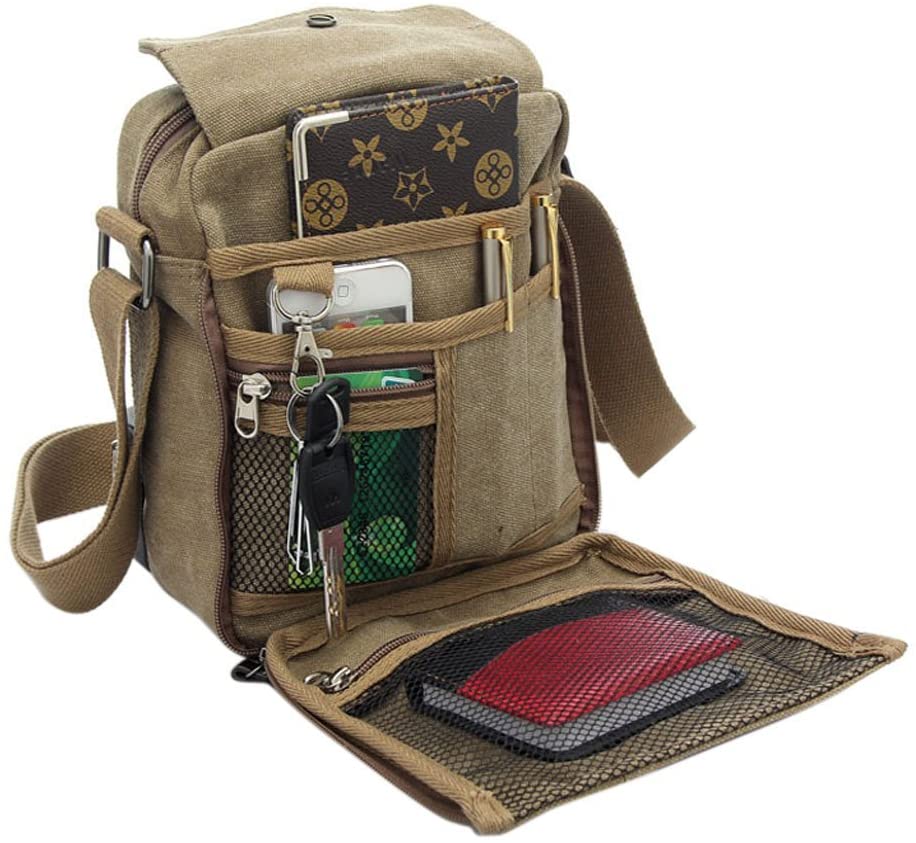 Multifunctional Phone Holder Money Key Pocket Side Traveling Bag Retro Canvas Crossbody Bag Durable Duffle Shoulder Tool Tote Bag,Khaki