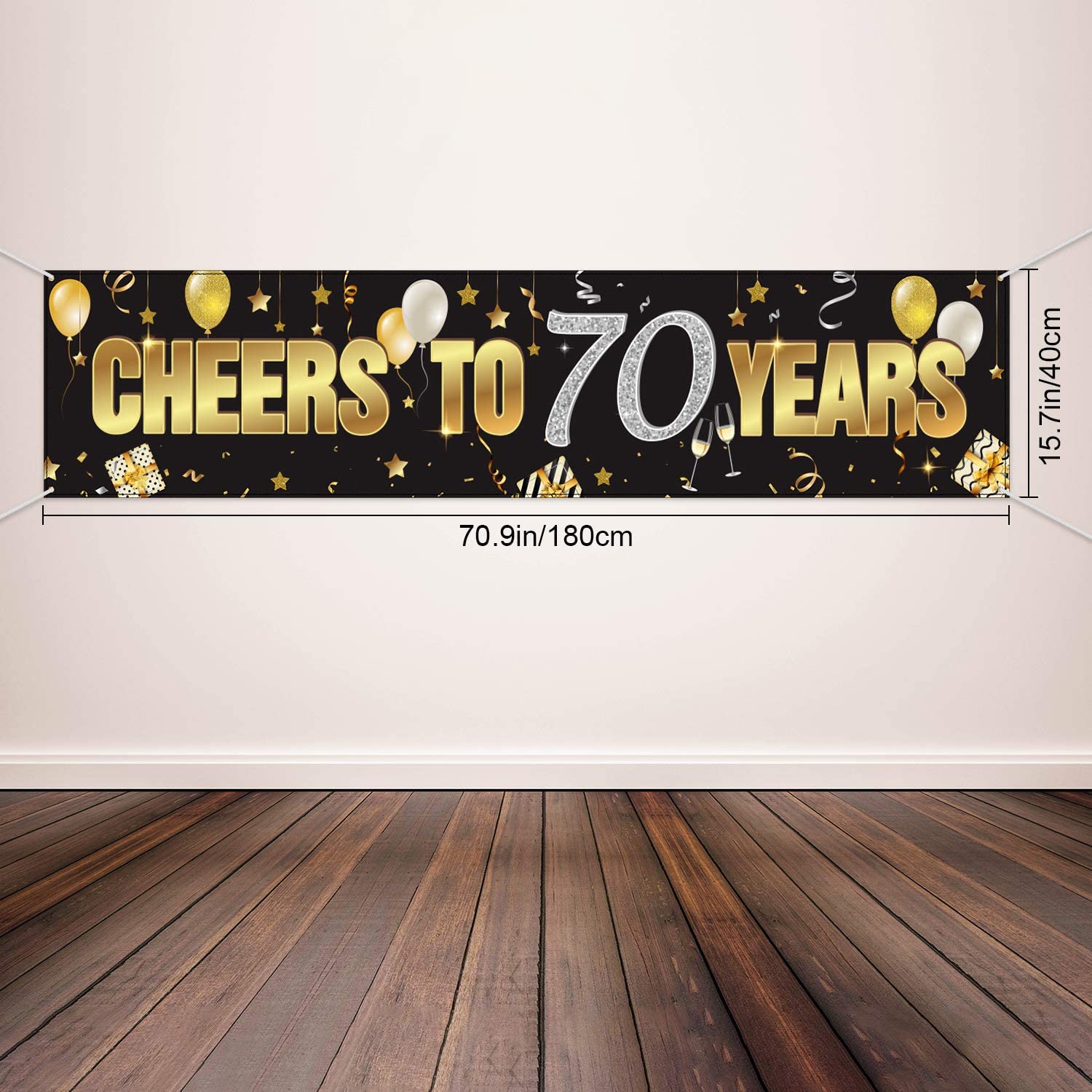 70th Birthday Banner, Happy 70th Birthday Cheers to 70 Years Birthday Sign Gold Glitter Birthday Banner - Image 2