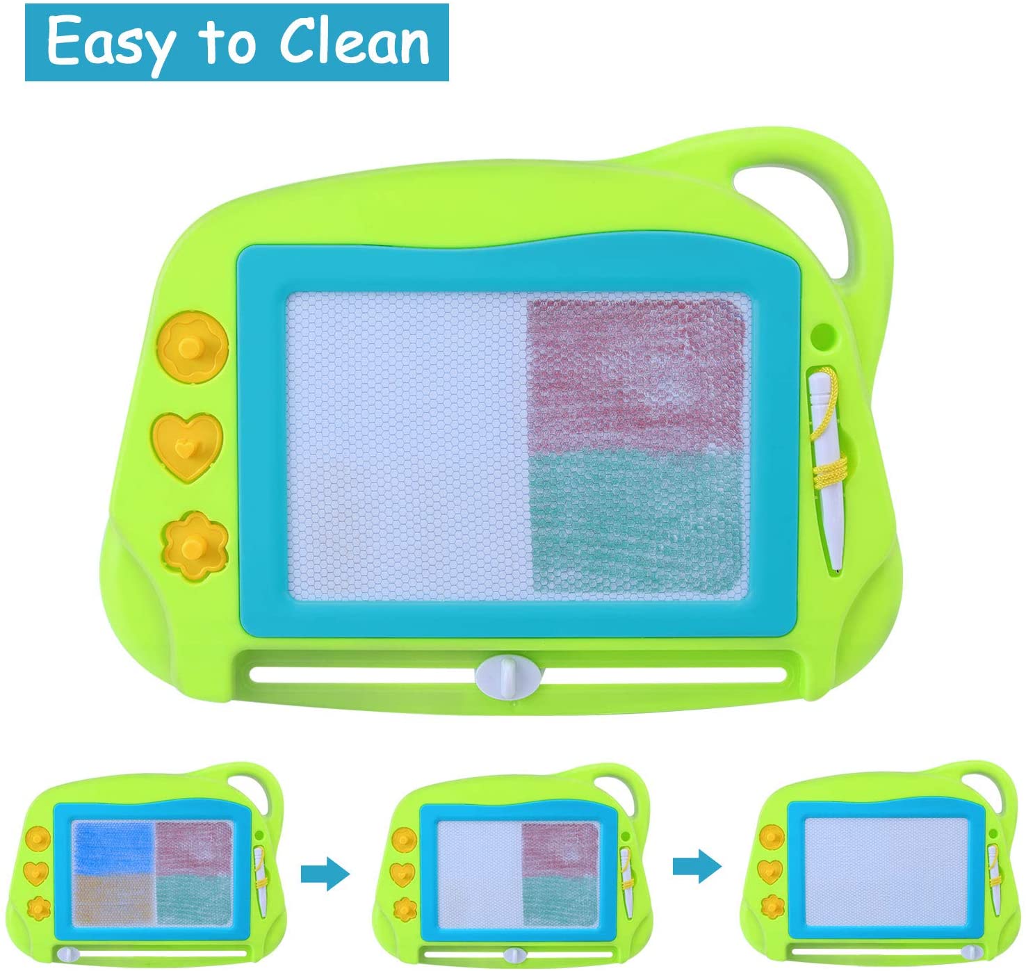 AiTuiTui Travel Size Magnetic Drawing Doodle Board for Toddlers Colorful Writing Tablet-Mini Erasable Etch Sketching Pad with 3 Stamps and 1 Pen Educational Toys for Kids 3 4 5- Green - Image 4