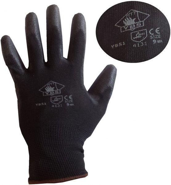 12 PAIRS OF NEW PU BLACK COATED WORK GLOVES PRECISION SIZE 9/LARGE GARDENNING By YBS BRAND