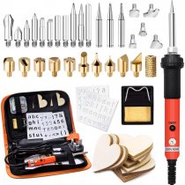 Preciva 45 in 1 Wood Burning Pyrography Pen and Soldering Iron Kit, Wood Engraving Craft Kit with Pyrography Basics and 60W Adjustable Temperature Wood Burner Pen Tool for Carving with 31 Tips,Orange