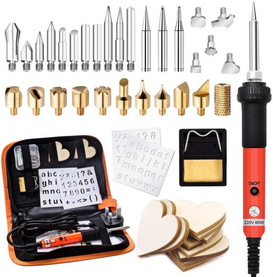 Preciva 45 in 1 Wood Burning Pyrography Pen and Soldering Iron Kit, Wood Engraving Craft Kit with Pyrography Basics and 60W Adjustable Temperature Wood Burner Pen Tool for Carving with 31 Tips,Orange