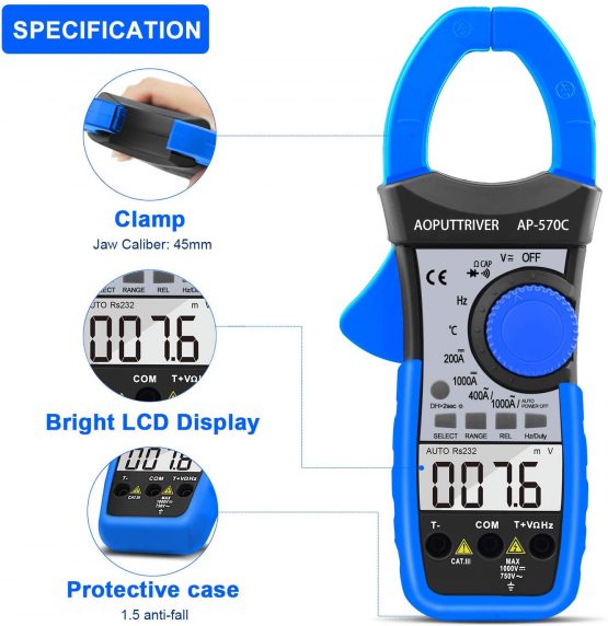 Digital Clamp Meter Multimeter AP-570C 4000 Counts Auto Range Clamp Meter Ammeter AC/DC Voltage Current Resistance Capacitance Frequency Temp Duty Cycle Diode Test with LCD Backlit Auto Off Data Hold - Image 4