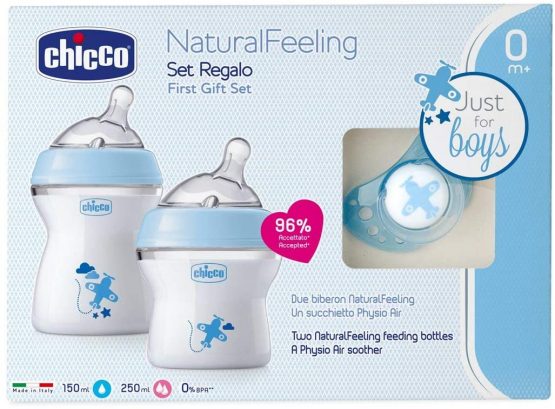 Chicco NaturalFeeling Gift Set with 2 Newborn Baby Bottles + Pacifier, 0 m + Blue