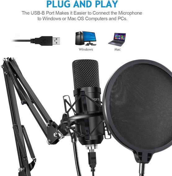 YOTTO USB Microphone Cardioid Condenser Mic 192KHz/24bit Plug and Play Professional Studio Podcast Microphone with Adjustable Microphone Stand Suspension Scissor Boom Arm, Pop Filter, Shock Mount - Image 3