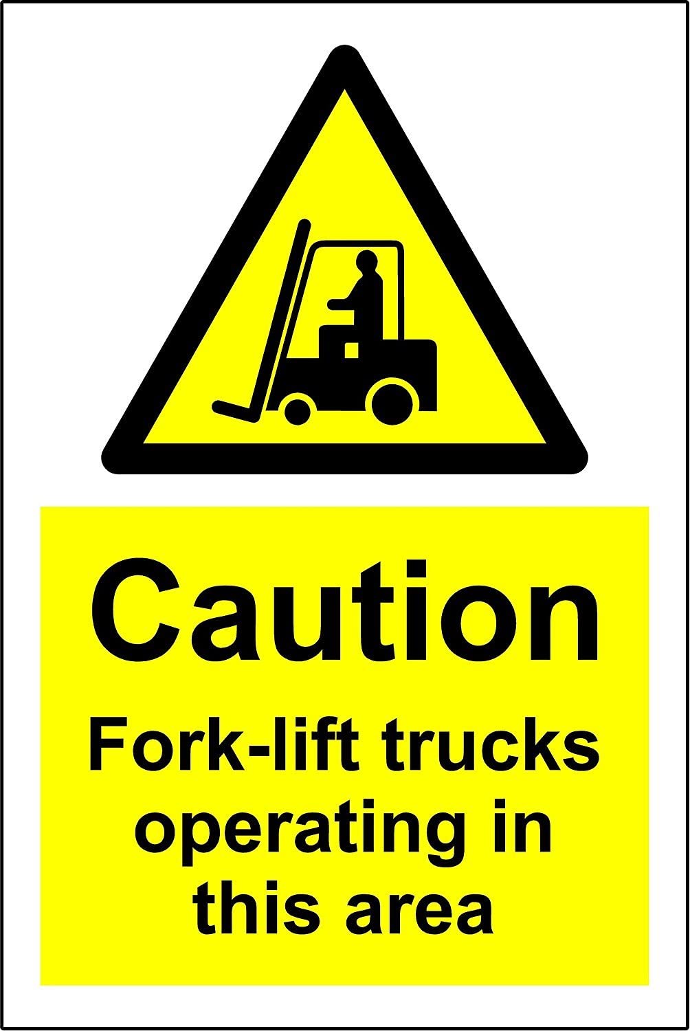 Warning Caution fork-lift trucks operating in this area safety sign, 1.2mm rigid plastic 300mm x 200mm, black|yellow|green