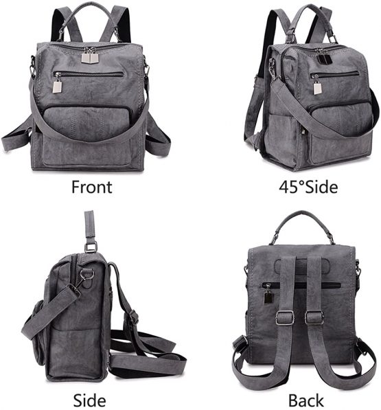 Backpack For Women,RAVUO Three Ways to Carry PU Leather Backpack Rucksack Fashion Ladies Backpacks Handbags Grey - Image 4