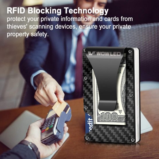 WOWLED Minimalist Men's Wallet, Slim Carbon Fiber Credit Card Holder RFID Blocking Metal Wallets Money Clip Card Protector - Image 3