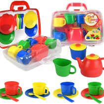 Vinsani 15 Piece Colourful Plastic Tea Party Set Includes Teapot, Jug, Sugar Bowl, Saucers & Spoons with Portable Carry Case for Boys Girls Pretend Play Age 3 Years