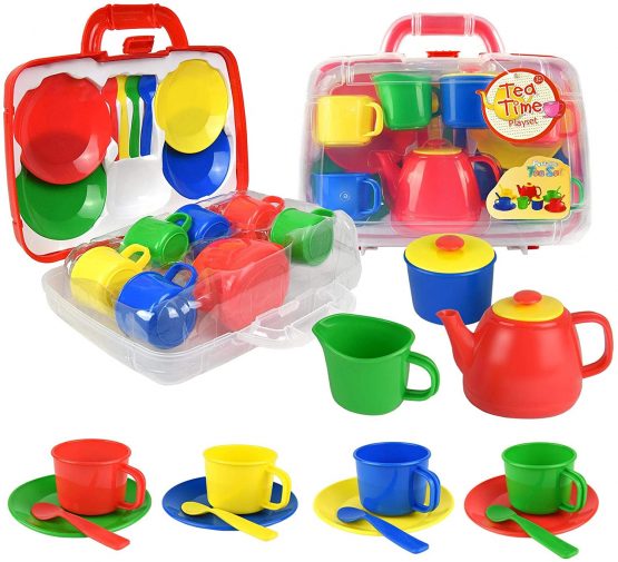 Vinsani 15 Piece Colourful Plastic Tea Party Set Includes Teapot, Jug, Sugar Bowl, Saucers & Spoons with Portable Carry Case for Boys Girls Pretend Play Age 3 Years