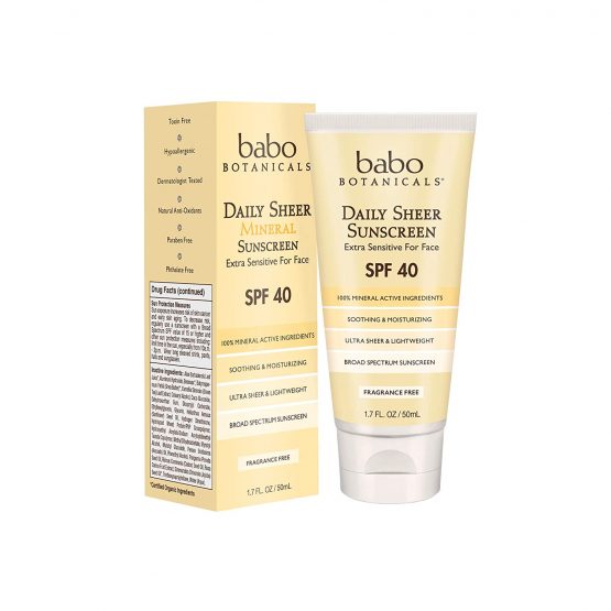 Babo Botanicals SPF 40 Daily Sheer Facial Sunscreen, Unscented, 1.7oz, Best Natural Mineral Sunscreen, Non-Nano, Sensitive