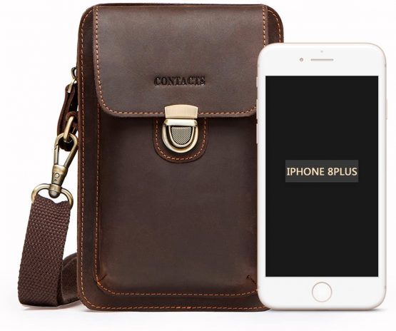 Contacts Real Leather Man Small Messenger Belt Bag Waist Pouch Purse for Mobile Phone Dark Coffee - Image 2