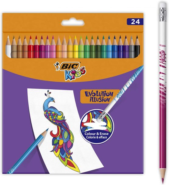 BIC Kids Evolution Illusion Erasable Colored Pencils - Assorted Colors, Pack of 24