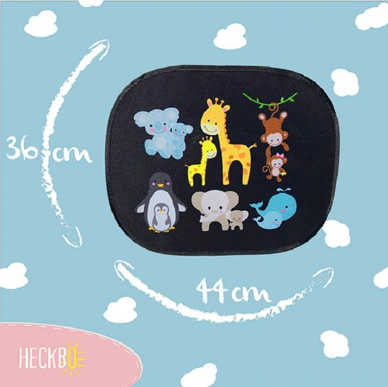 HECKBO® - self-adhesive car sun shade - car sun protection for babys and children [2 pieces] | motif: baby animals mum | 17.32" x 14.17" | car window, sun protection + free bag - Image 2