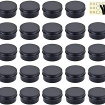 Aluminum Tin Jars, Yalbdopo 24Pcs 10Ml Round Metal Empty Cosmetic Containers Sample Pots with Screw Cap Lid for Cream, Lip Balm, Cosmetic, Candles, DIY Crafts, Spices, Makeup Travel Storage (Black)