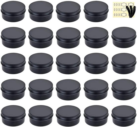 Aluminum Tin Jars, Yalbdopo 24Pcs 10Ml Round Metal Empty Cosmetic Containers Sample Pots with Screw Cap Lid for Cream, Lip Balm, Cosmetic, Candles, DIY Crafts, Spices, Makeup Travel Storage (Black)